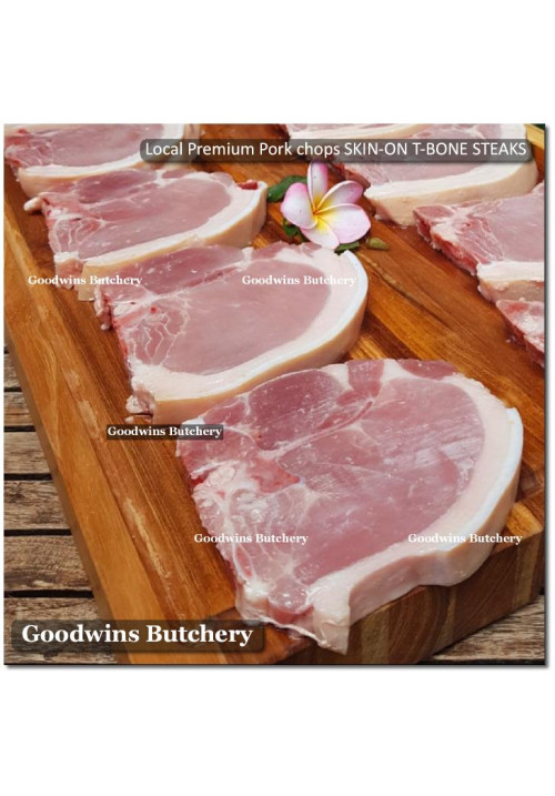 Pork CHOP SKIN ON T-BONE (with tenderloin) 3/4" 2cm frozen Local Premium (price/pack 700g 2pcs)